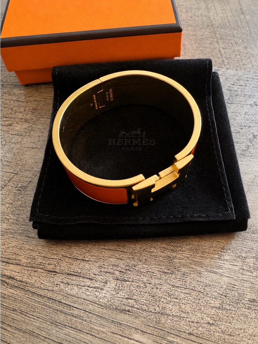Hermès Clic Clac H PM Bracelet Orange Enamel Gold Plated Made in France - Picture 2 of 7